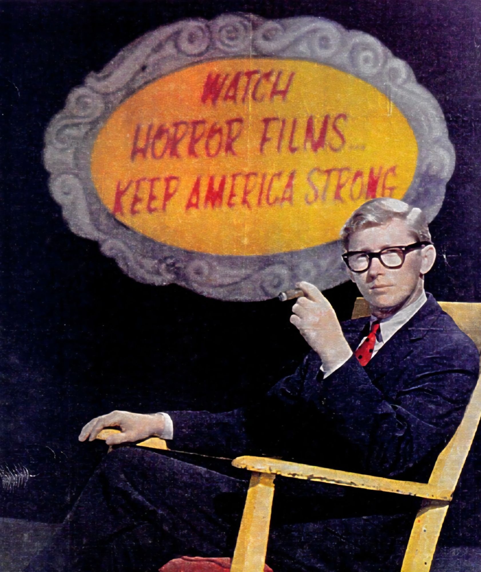 man sitting in a rocking chair smoking a cigar in front of a sign that says watch horror films, keep america strong